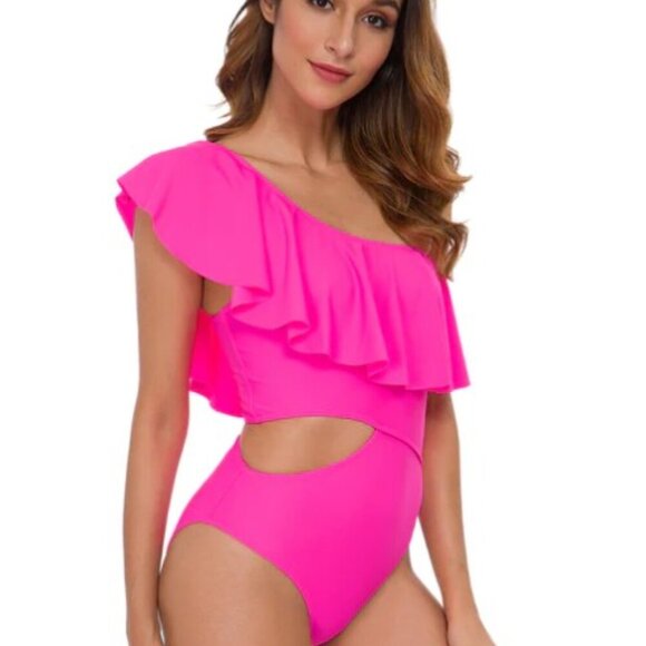 HOT PINK ONE SHOULDER RUFFLE CUT OUT ONE PIECE - Picture 1 of 9